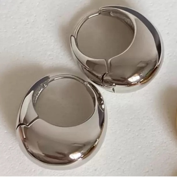 Anthropologie Glossy French Shiny Silver Hoop Earrings - Picture 1 of 6